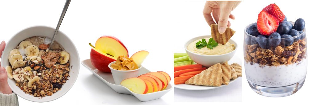 fast snacks include whole grain cereal, apples and peanut butter, hummus with vegetables and pita bread and yogurt parfait. 