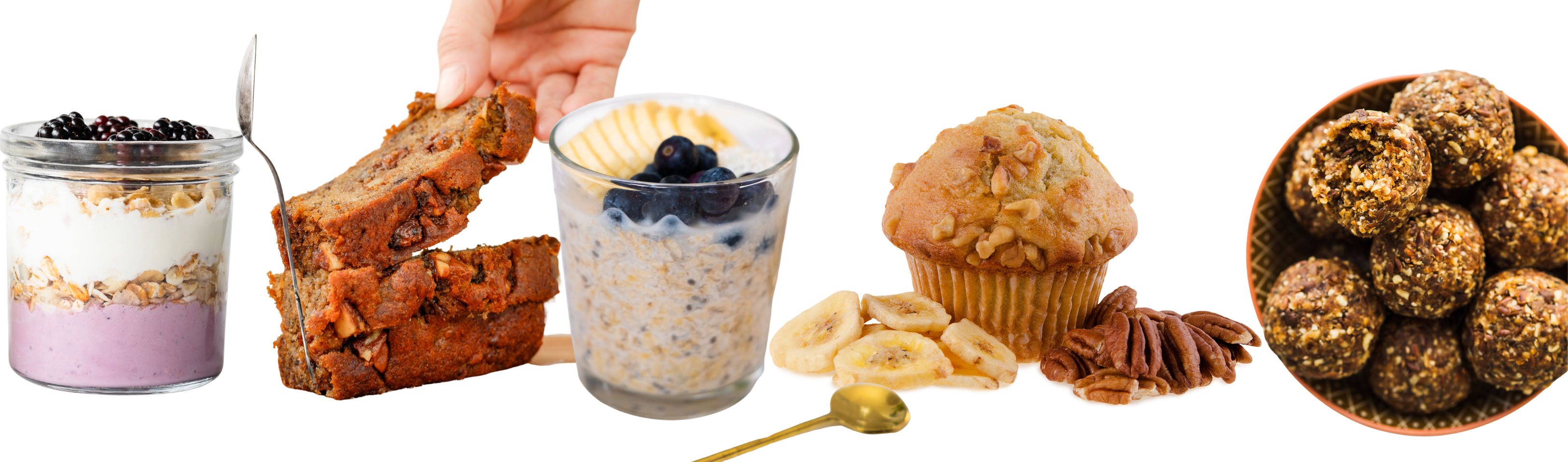 sport snacks include yogurt parfait, banana bread, overnight oats, banana muffin, energy balls