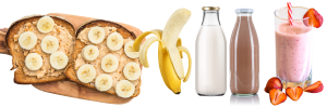 recovery snacks include toast and peanut butter, banana, milk, chocolate milk and fruit smoothie